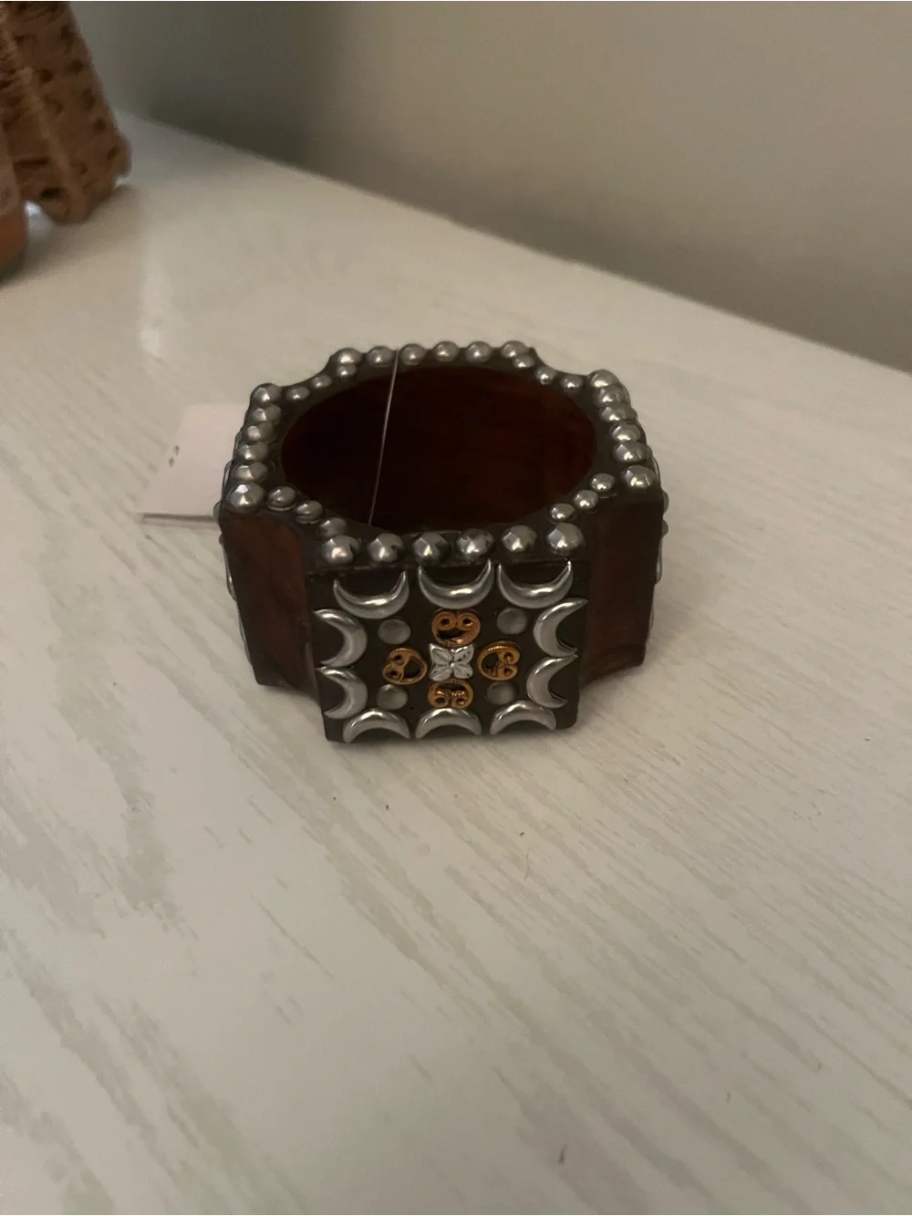 Decorative Brown Wood Cuff Bracelet with silver half moons and decorative flower